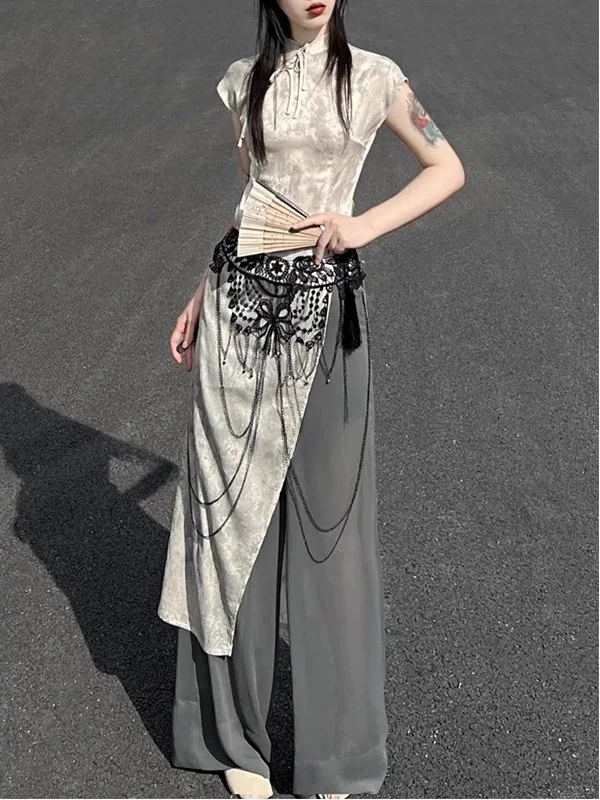 

New Chinese Style Gradient Flag Dress Top Wide Leg Pants Hanfu Set Slimming Waist Chain Summer Draping Feel Fashionable