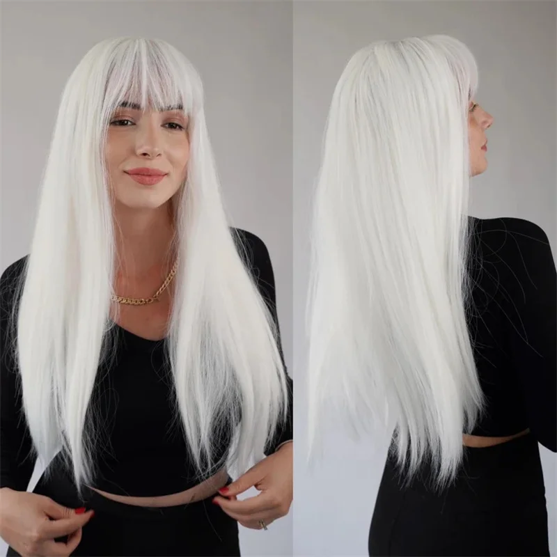 Pearl White Wig Cosplay Wig Silver Lace Front Wig with Bangs Futura Synthetic Fibre Silky Smooth Straight Wig Blend Human Hair