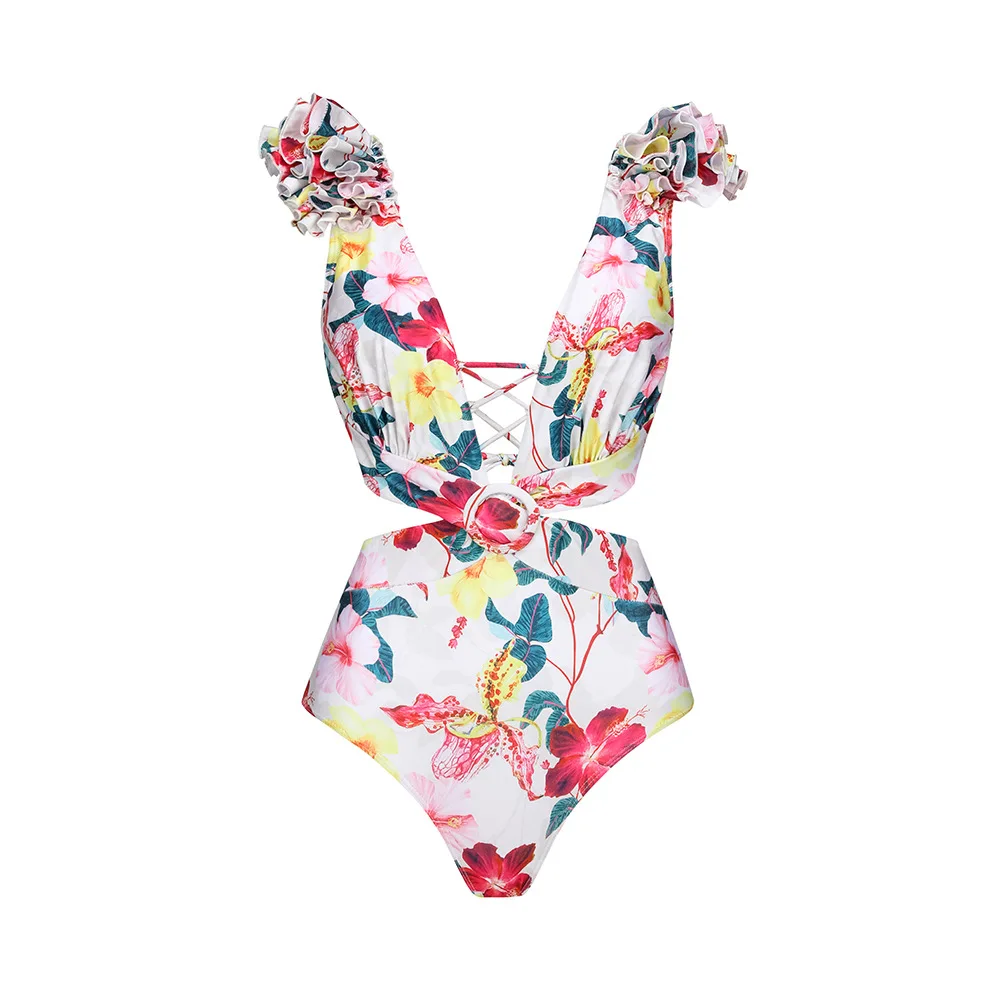 Women's Ruffled Floral Print Swimsuit, One-Piece Swimwear, Waistbelt, Cover-up, Beach Vacation, Long-sleeved Bikini