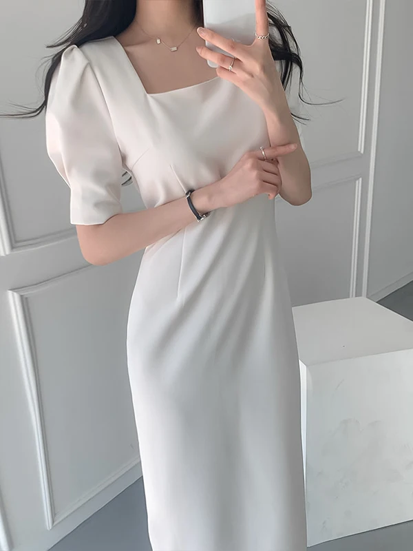 Ele coréen Sle femmes Dr col carré moulante bulle Sve jupe longue taille haute minceur été Dr