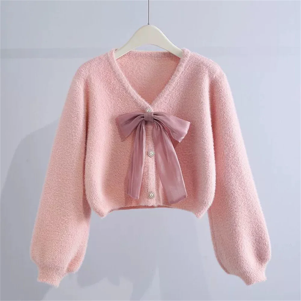 

Fashion Knitted Cardigan Short Imitation Mink Fur Sweater Jacket for Women Autumn New Style Loose Bow Tie Clothes JJ863