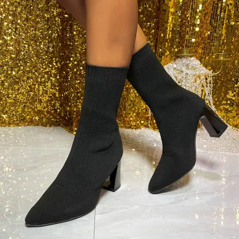 महिलाओं के लिए एंकल बूट्स काले चमड़े के जूते छोटे जूते महिलाओं के लिए मध्यम ऊँची एड़ी के जूते के साथ सुरुचिपूर्ण जुर्राब बूटियां वसंत शरद ऋतु जलरोधक 10 best sales महिलाओं के लिए सॉक बूट - №4