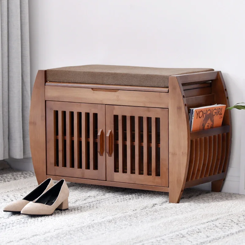 

Modern Bamboo Shoe Rack Cabinet Entryway Organizer Storage Household Shelf with Seat Cushion Bamboo Furniture Hallway Shoe Stand