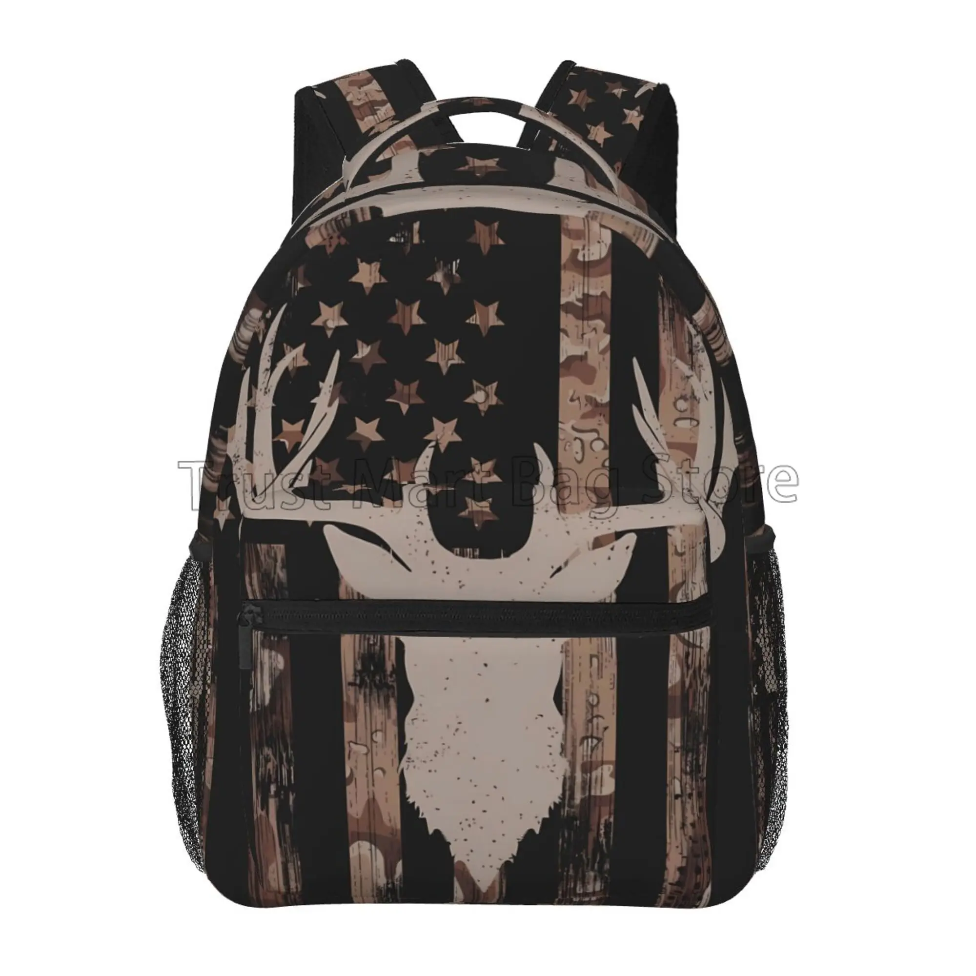 Camo Hunting Deer American Flag Backpacks Student School Book Bags Waterproof Laptop Backpack Casual Travel Sports Daypacks