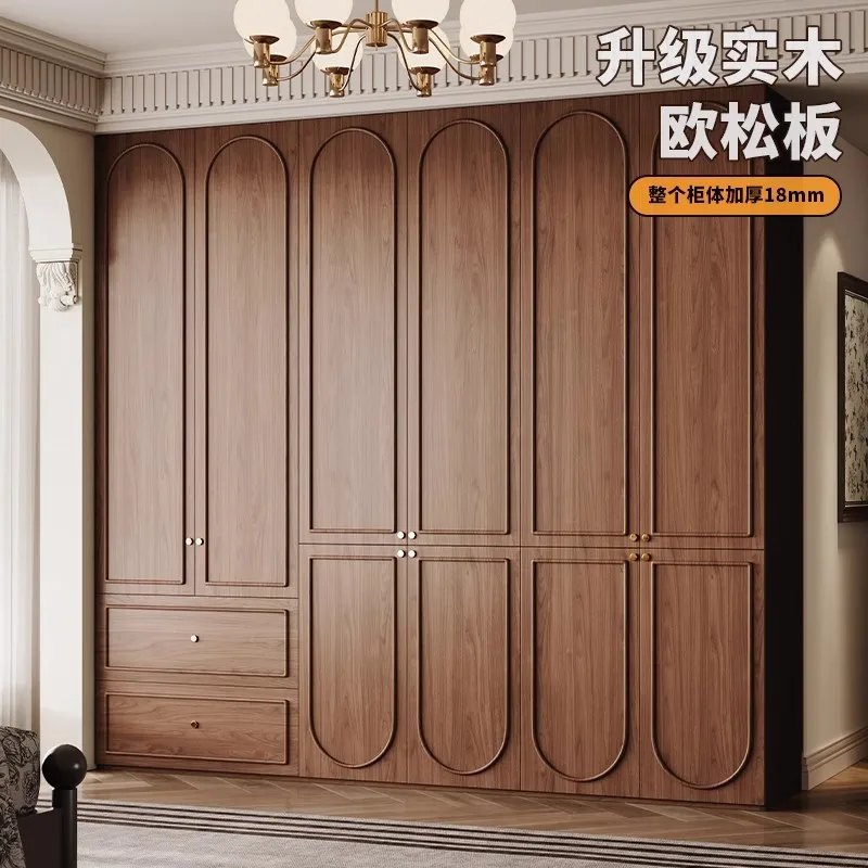 Medieval Style Solid Wood Wardrobe Skeleton Line Bedroom Home Storage Wardrobe Retro French American Walnut High-end Cabinet