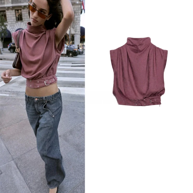 

Spring New Women's High Collar Sleeveless Shoulder Pleat Faux Suede Effect Button up Top Slim Fit Casual Style Polyester Fiber