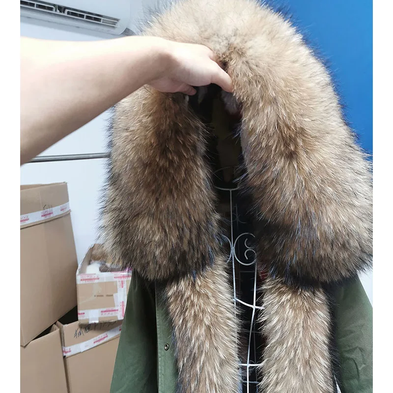 MAOMAOKONG-Chaqueta larga de piel de conejo Real para mujer, abrigo interior de piel de mapache Natural con cuello y capucha, Parkas gruesas y cálidas para la calle, invierno, 2023