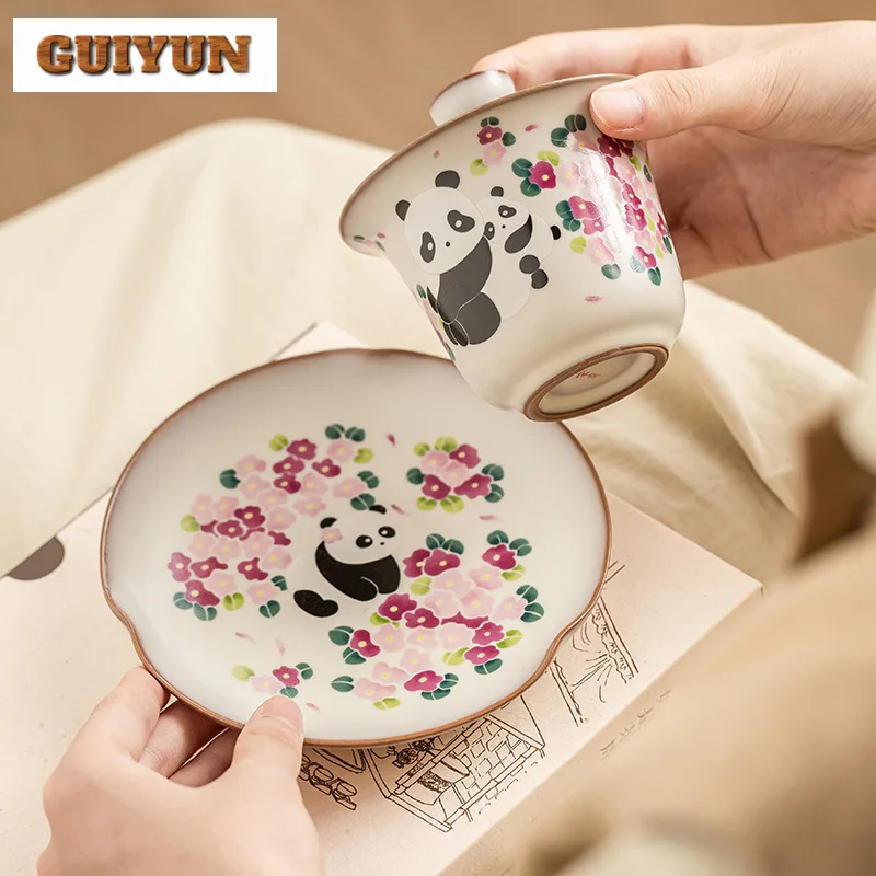 150ml Lard Frozen Lard Frozen Ru Kiln Gaiwan Cute Panda Women's Sancai Tea Tureen Handmade Tea Maker Cover Bowl Tea Ceremony