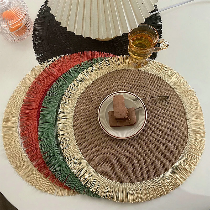 

6PCS/Set Round Jute Placemat Linen Ins Wind Simple Fringe Table Decoration Photography Prop Kitchen Heat Insulation Non-Slip Mat