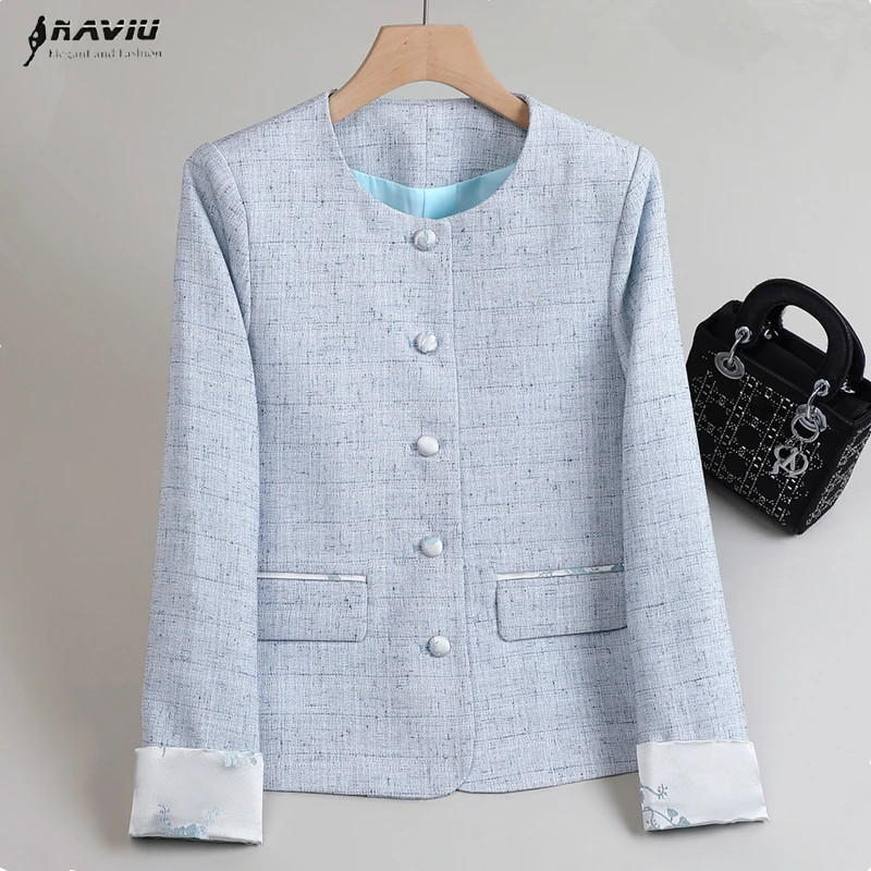 

NAVIU Fashion Blue Slim Sweet Jacket Women Long Sleeve Vintage O Neck Blazer Korean Short Coat Female Spring New Elegant Tops
