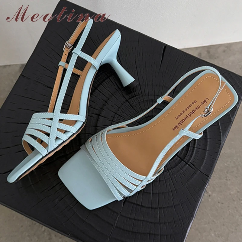 Meotina Women Genuine Leather Sandals Square Toe Thin High Heels Buckle Narrow Band Sexy Ladies Fashion Shoes Summer Blue 40