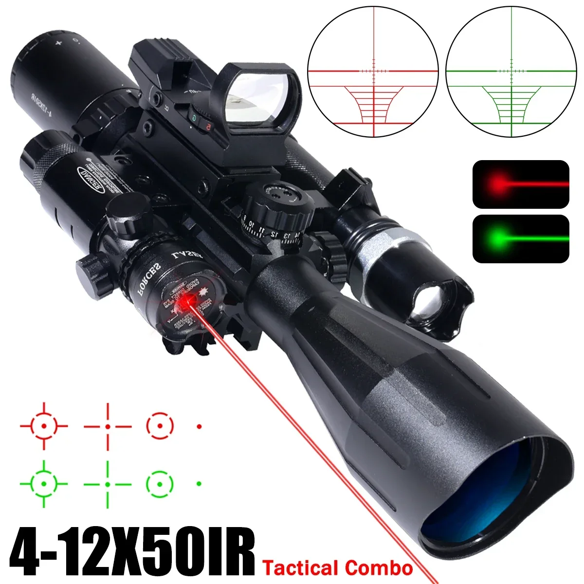 4-12X50IR Rifle Scope Laser Flashlight Red Dot Combo Sight Green Red Illuminated Tactics Scopes Cross Sniper Shot Riflescope