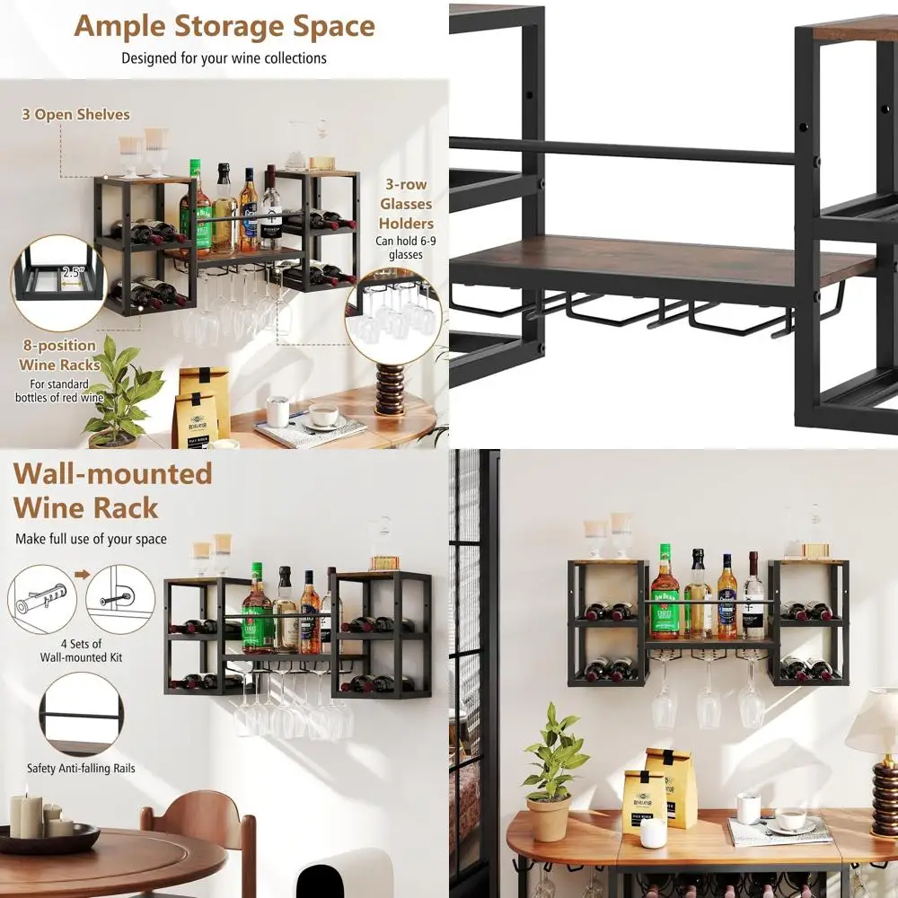 

3-х уровневая настенная винная полка с держателем для стекла для хранения и витрины на кухне, бара и столовой