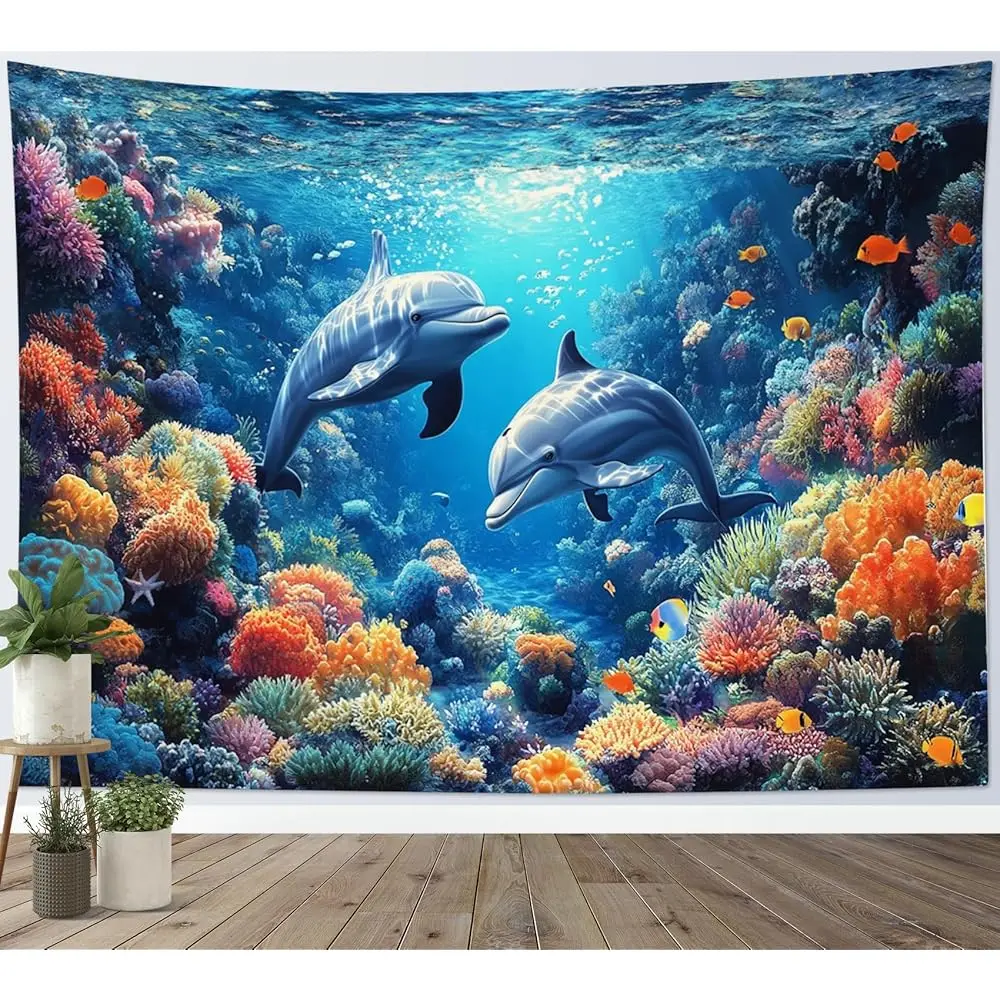 Tapiz de pared con diseño de delfines del océano azul, peces tropicales y coral en un mundo submarino, arte de pared con paisaje natural marino de verano