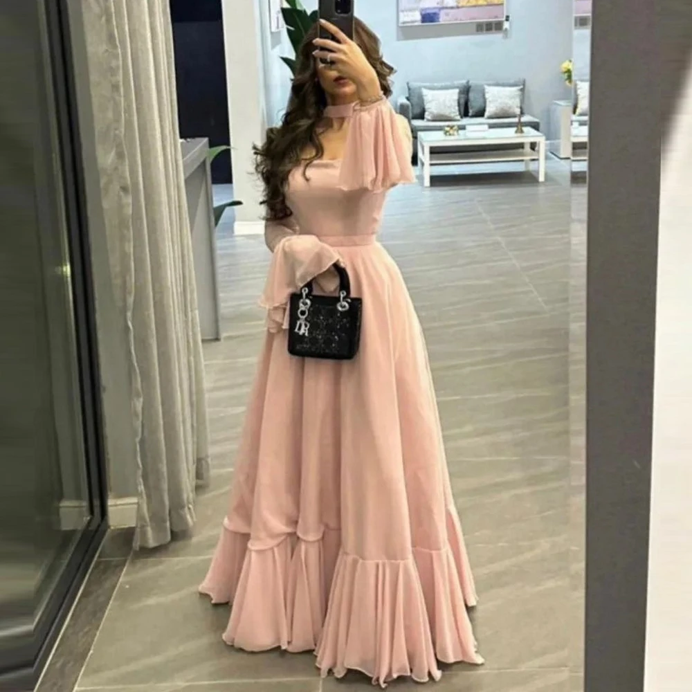 Elegante escote cuadrado Línea A plisado vestido de fiesta personalizado gasa manga acampanada Formal hasta el suelo vestidos de fiesta de noche rosas