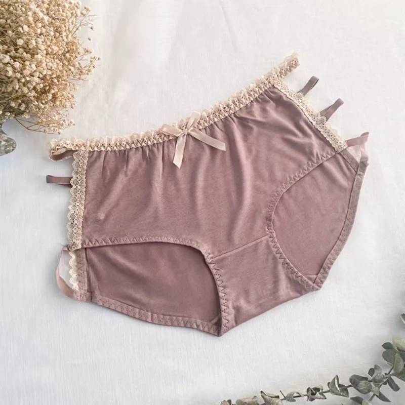 Sexy Mid Waist Large Size Women's Panties Modal Thin Seamless Solid Color Quick-Dry Underwear Sissy Lace Bow Sweet Party Briefs