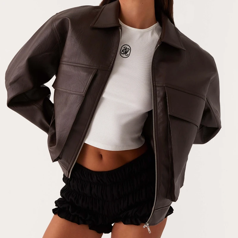 

Женские мотоциклетные куртки из искусственной кожи, футуристическая осенне-весенняя одежда, большие карманы на молнии, зимнее мешковатое пальто, верхняя одежда
