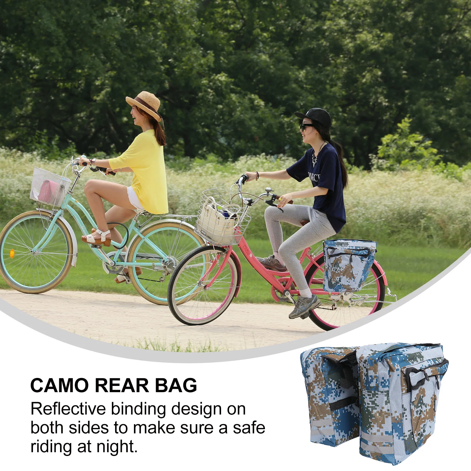 

Water Resistant Camo Rear Seat Bag for Mountain Cycling Lightweight Canvas with Reflective Binding Large Capacity Saddle Trunk