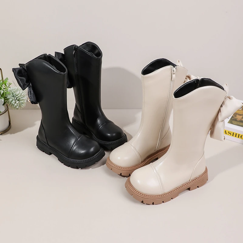 الفتيات أحذية عالية مع عودة Bowknots الاطفال الأحذية الجلدية بلون تنوعا 2025 الخريف الشتاء الأطفال أحذية طويلة لينة وحيد