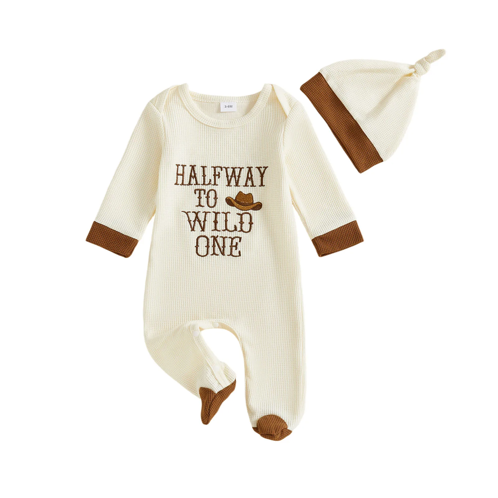 

Baby Boy Fall Footed Romper Long Sleeve Round Neck Letter Cowgirl Hat Embroidery Full Length Jumpsuit with Hat