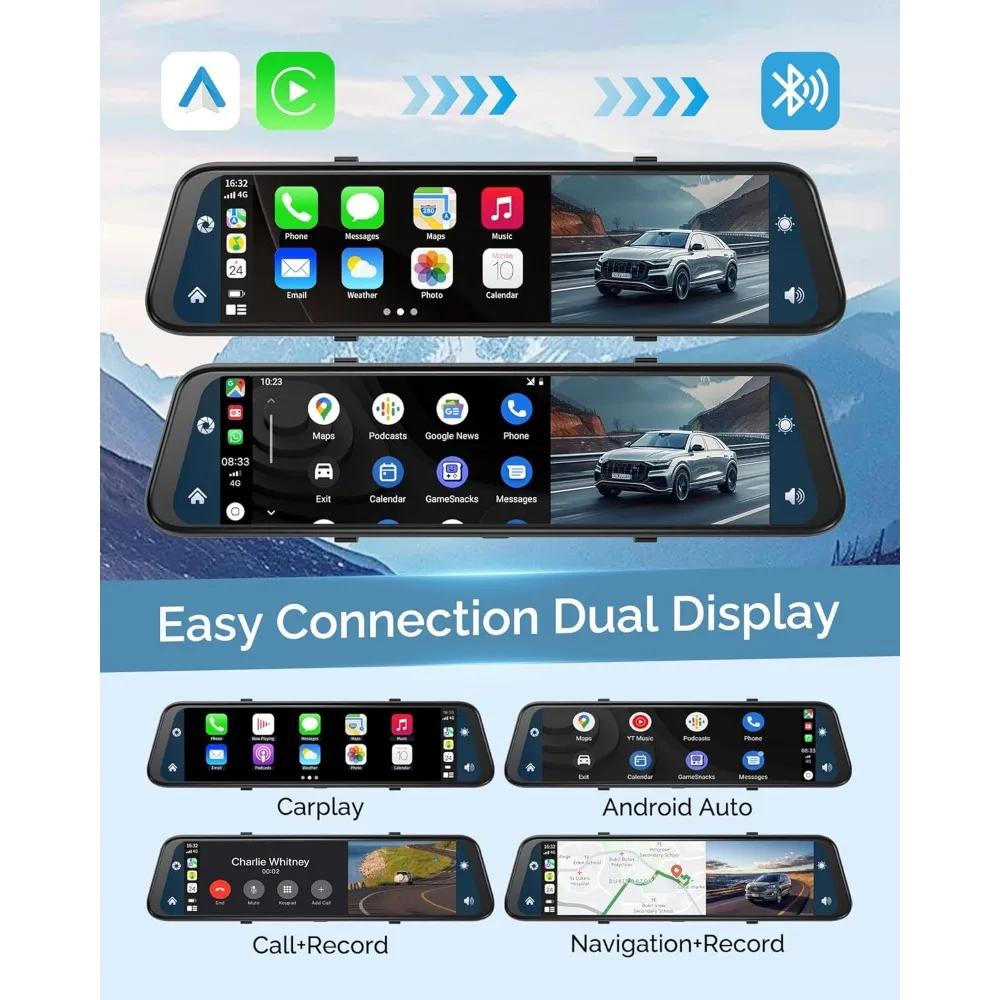 كاميرا مرآة الرؤية الخلفية مقاس 12 بوصة مع CarPlay Andorid Auto، كاميرا احتياطية أمامية وخلفية بدقة 4K مع مساعدة/حلقة R عكسية