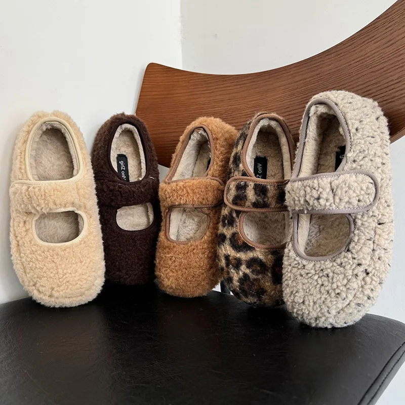 

Fashion plush beige flat-bottomed plush thickened cotton shoes women's 2025 new autumn and winter warm Mary Jane Mao shoes