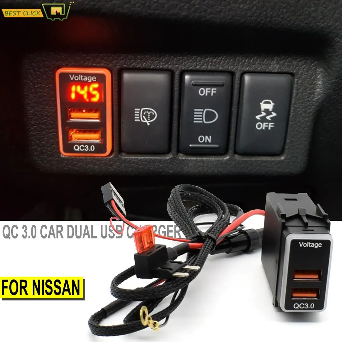 

Car Dual USB Quick Tablet Charger QC3.0 Adapter 12V Phone Fast Charge Ports Adapter LED Voltmeter Digital Display For Nissan