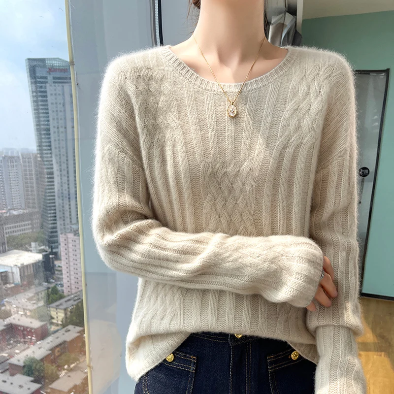 Autumn Winter New Cashmere Sweater 100% Pure Wool Women's Clothing Tops Round Neck Pullover Casual Loose Knit Base Sweater