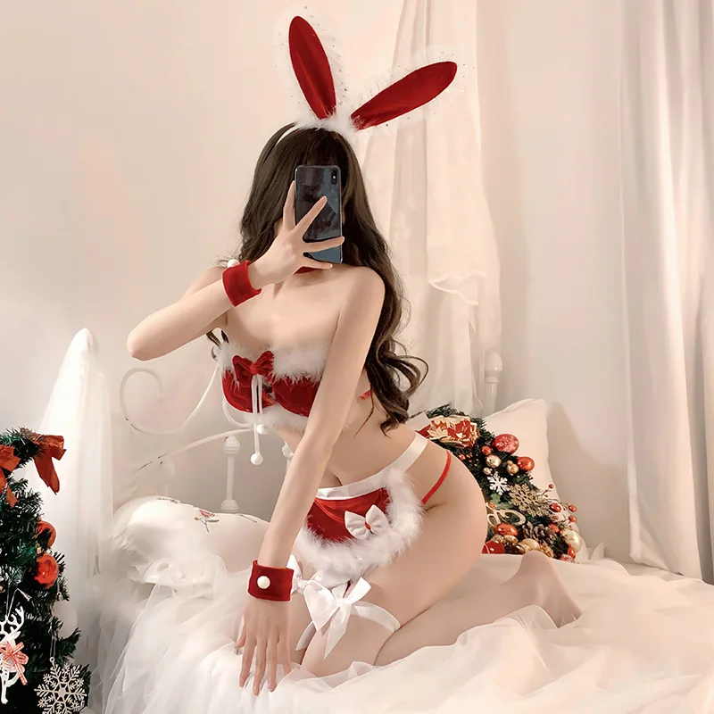 Véspera de natal coelho menina traje adulto lingerie sexy quente biquíni vermelho bonito coelho de pelúcia anime cosplay feminino pornô roupa interior conjunto sutiã