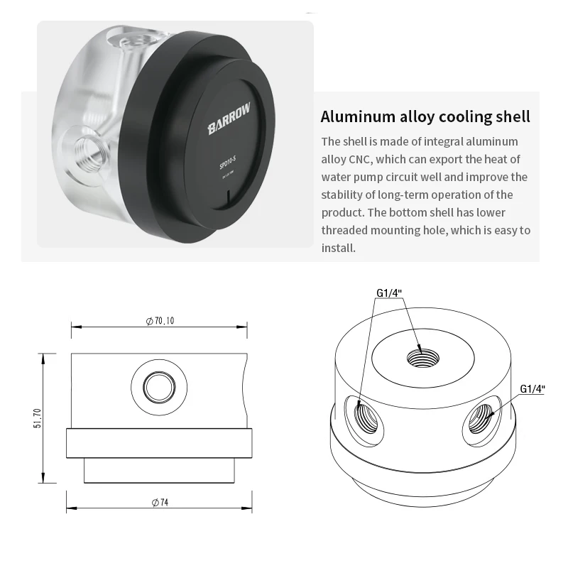 

Barrow Top Flow Cooler Cover Water Cooling Pump Cover 10W PWM Speed-regulating Pumps, Maximum Flow 450L/H, Maximum Lift 3 Meter