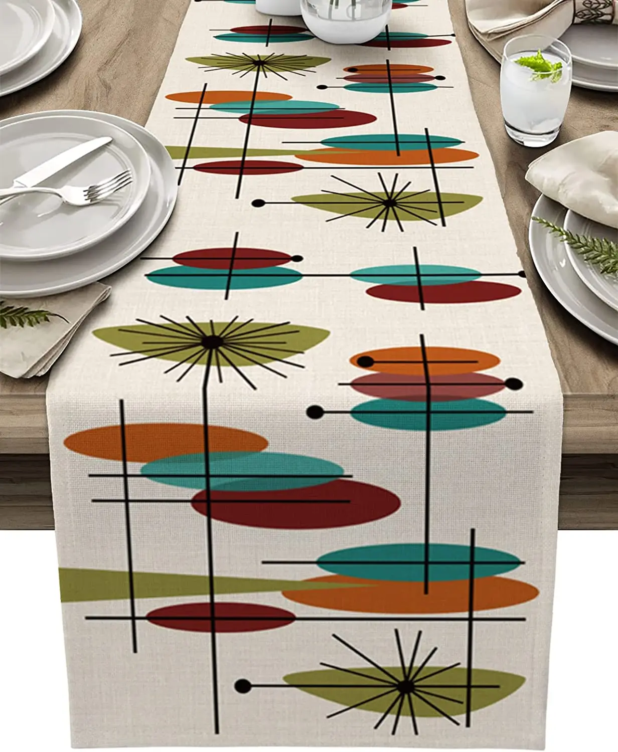 Abstract Retro Modern Mid Century Linen Table Runners Kitchen Table Decor Indoor Dining Table Runners Holiday Party Decorations