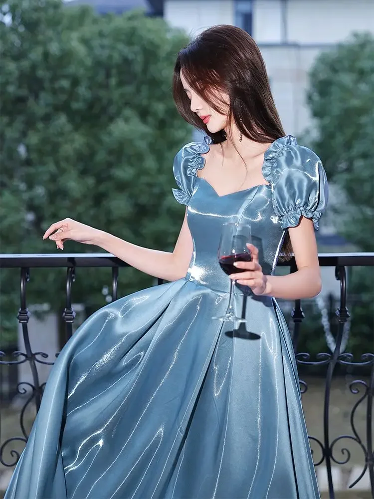 Ofallsis Blue Puff Sleeve Banquet Evening Dress Female 2023 New Elegant Birthday Light Luxury Graduation Art Exam Host Dresses