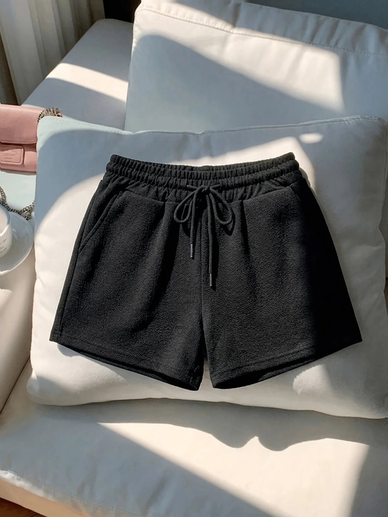 Solid Color Pit Shorts, Breathable Fabric, Elastic Waist, Loose Fit, Basic Outfit, Summer Hot Pants