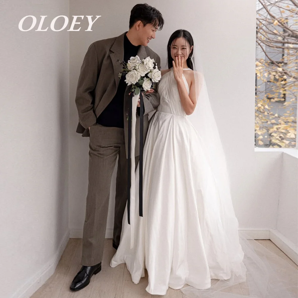 

OLOEY Simple Halter A Line Wedding Dress Korea Photoshoot Pleated Taffeta Floor Length Bridal Gown Photos Shoot Customized