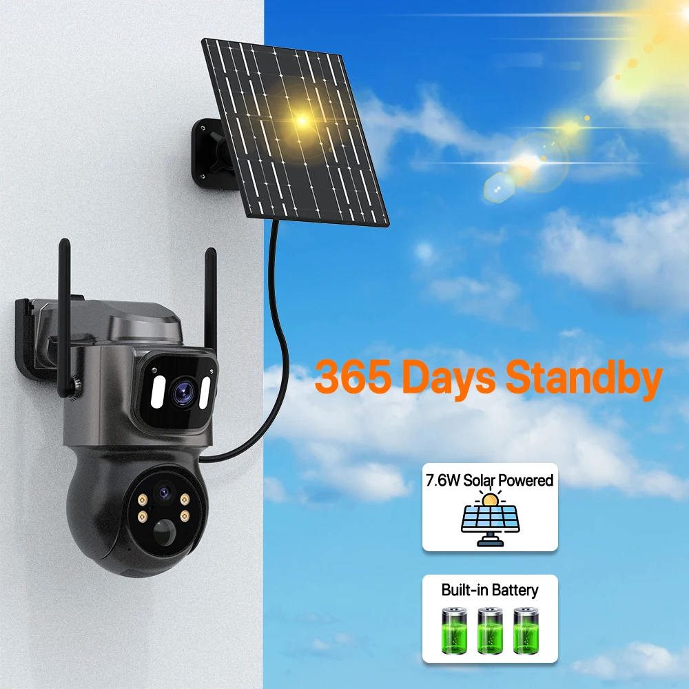 4K HD Solar WiFi Camera Outdoor Built-in Battery Dual Lens 2K Security Camera Solar Panel Wireless Video Surveillance CCTV iCSee