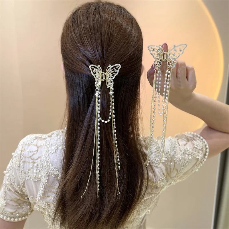 Elegant Female Butterfly Pearl Tassel Hair Claw Rhinestone Clip Korean Simple Shark Ponytail Crab Clip Girls Hair Accessories