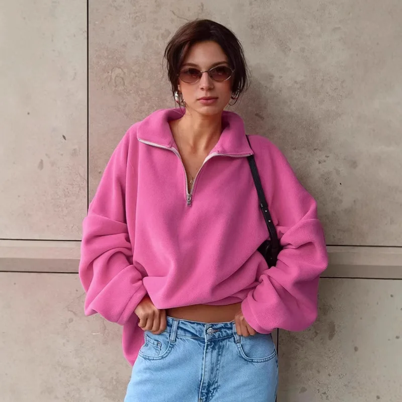 Jesienno-zimowy amerykański sweter polarowy w kolorze różowym, damski jesienno-zimowy gruby, luźny sweter z klapami, kurtka.