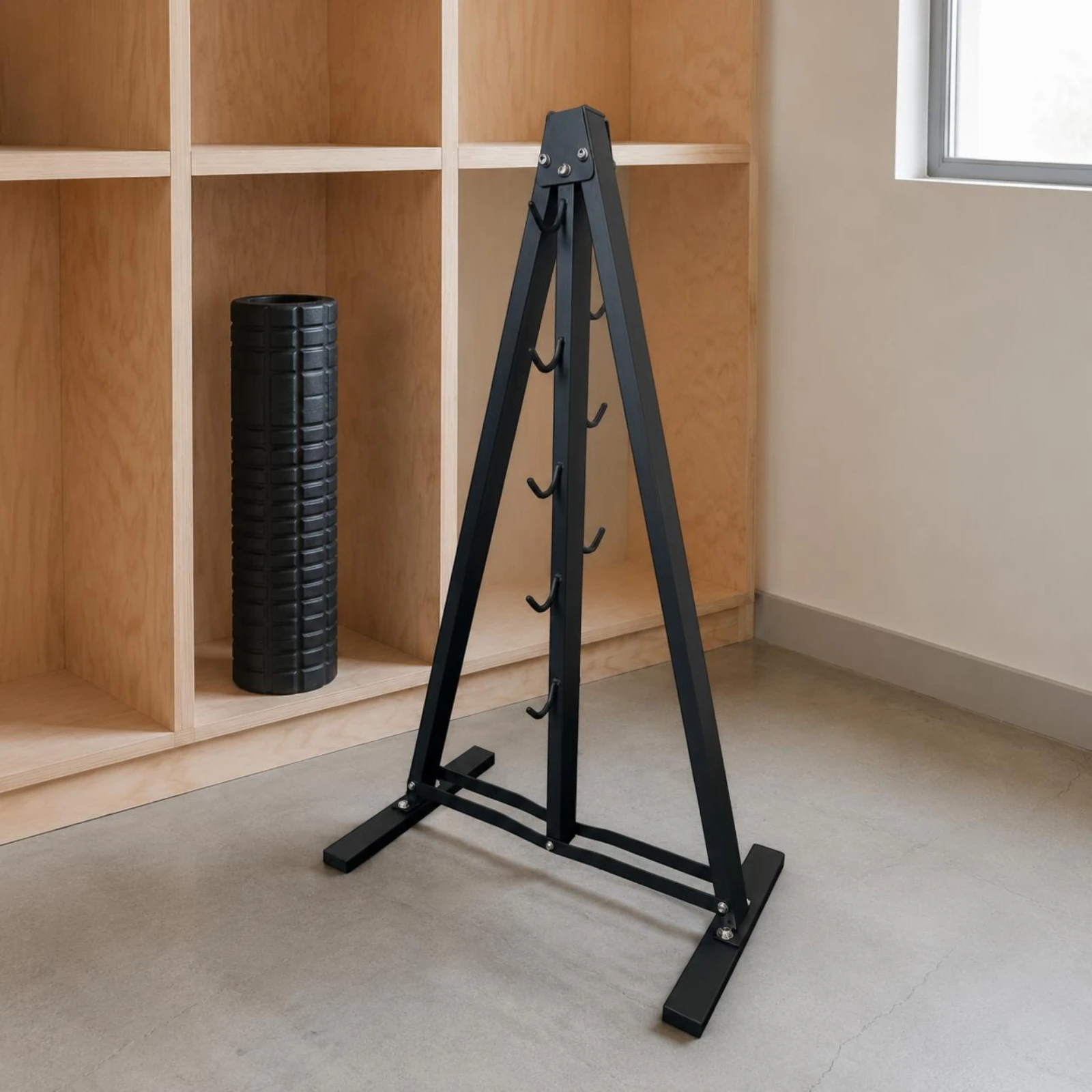 Picture 7: Foldable Triangular-Frame Rack Space-Saving 8-Hook Metal Stand Black Freestanding Rack Entryway Organizer Storage Furniture