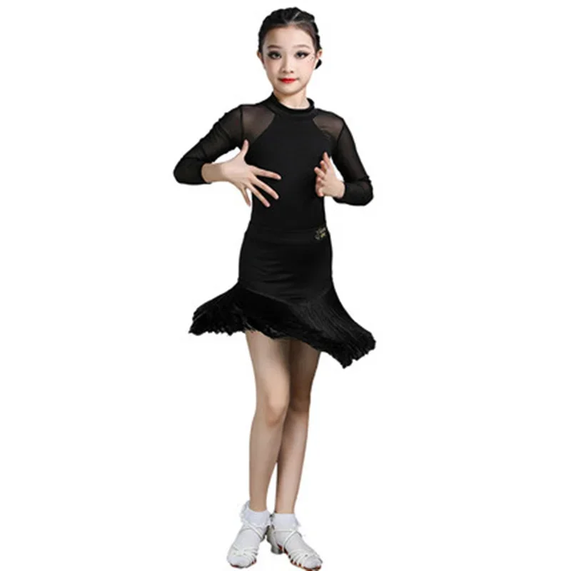 2024 Black suits Latin Performance Summer Children's Girls Practise Training Dress Dancing Clothing Stage Performance Uniforms