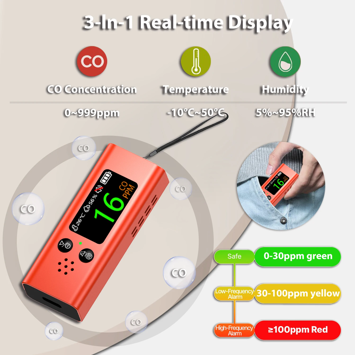 NEW CO Detector Carbon Monoxide 3 in1 Humidity and Temperature Tester Meter Electrochemical CO Sensor Air Quality Detector