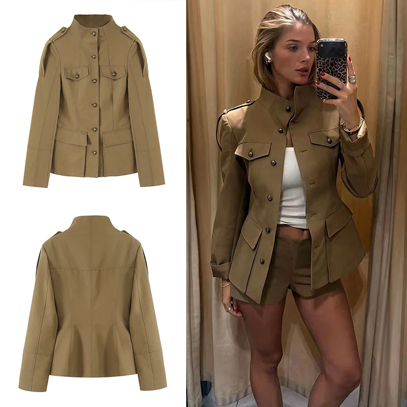 Guobioziy 2026 Spring Autumn Women Stand Collar Jacket Epaulet Multi Pocket Army Casual Tailored Fit City Daily Outer Garment