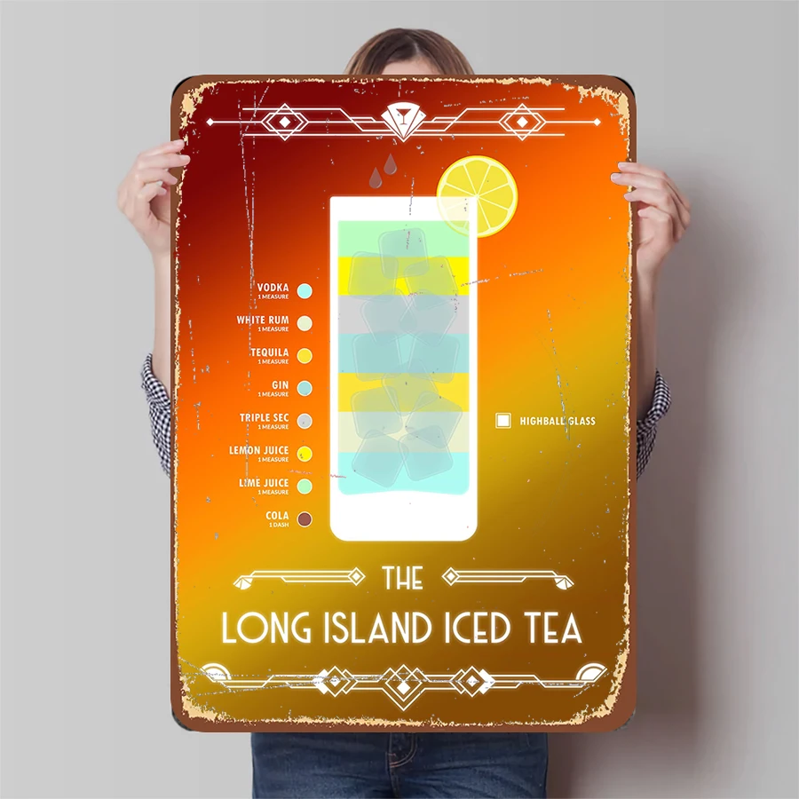 Letrero de Metal de receta de té helado de Long Island, decoración de Bar Vintage, arte de cóctel Retro, póster de cocina colgante de pared para Pub