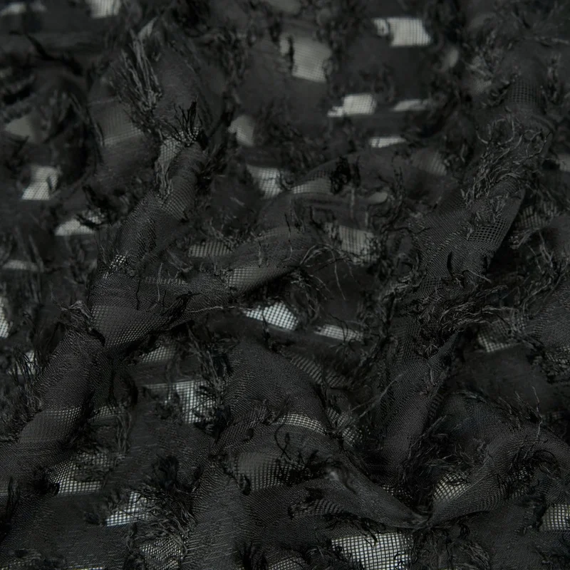 2Yards Soft to the touch Black lace-backed diamond-patterned mesh fabric with small tassels for dresses, gowns, and shirtsA