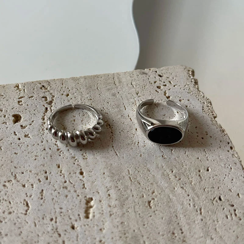 Foxanry Silver Color Ellipse Black Zircon Rings For Women Couples Fashion Personality Simple Hip Hop Classic Daily Party Jewelry image 3