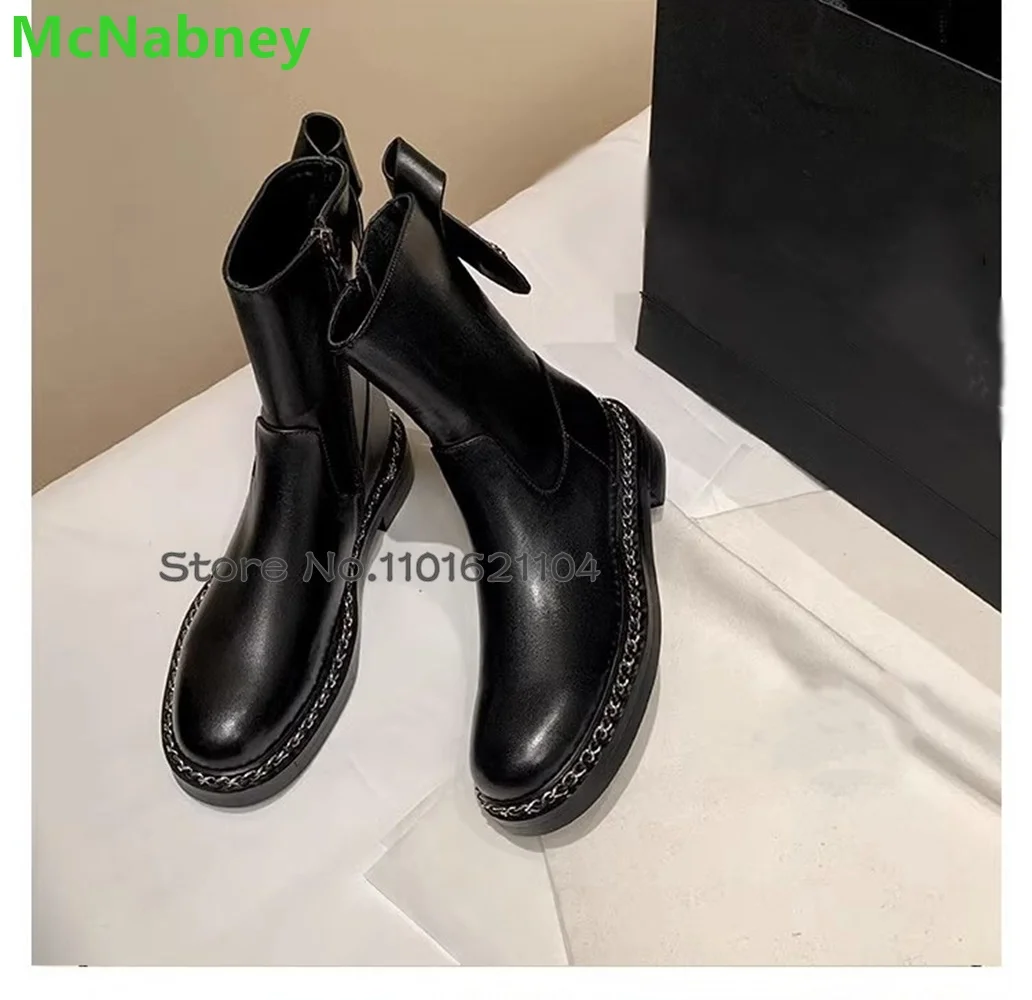 Black Round Toe Chunky Heel Luxury Boots For Female Women Knee High Side Zipper Flat With Leather Fabric Elegant Fashion Shoes