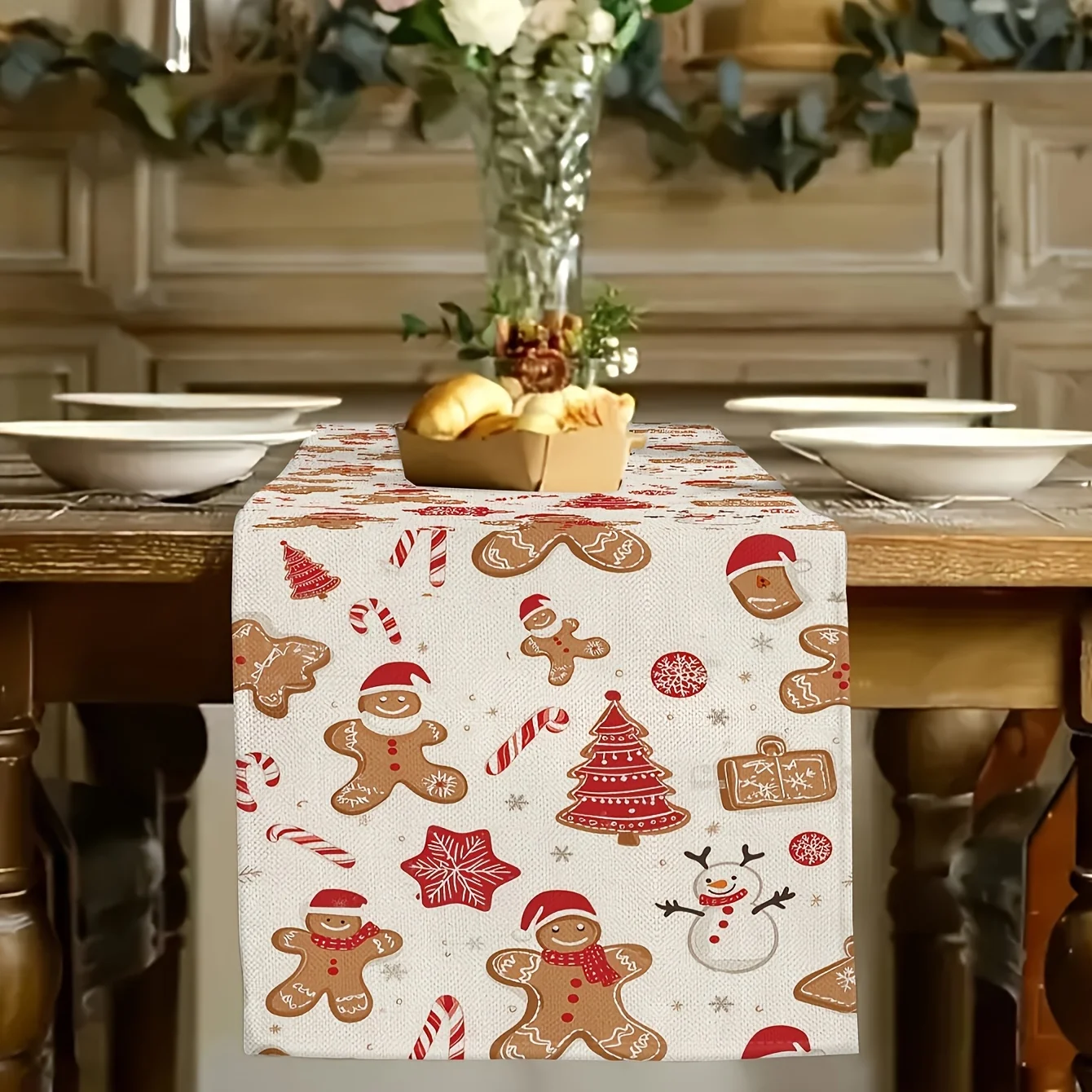 JIT Christmas Gingerbread Printed Table Runner 2D Flat Print Festive Home Decor Christmas Dining Table Decoration Cute Charming