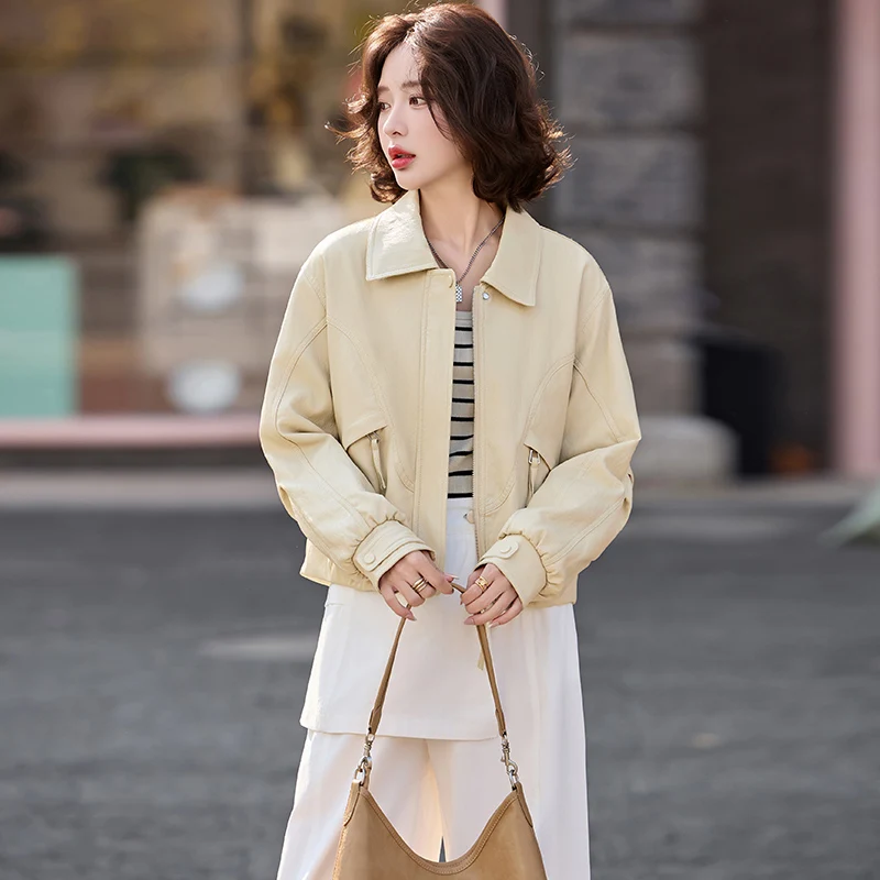 2026 Fashion Spring Autumn High Quality Faux Leather Jacket Women's Short Coat Turndown Collar Zip-up Loose Streetwear Outerwear