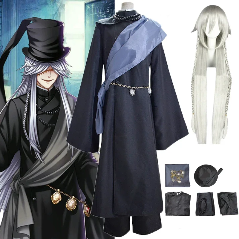 Black Butler Kuroshitsuji Undertaker Cosplay Costume Halloween Party Costumes Custom Made Full Set Hat Chain and Wig