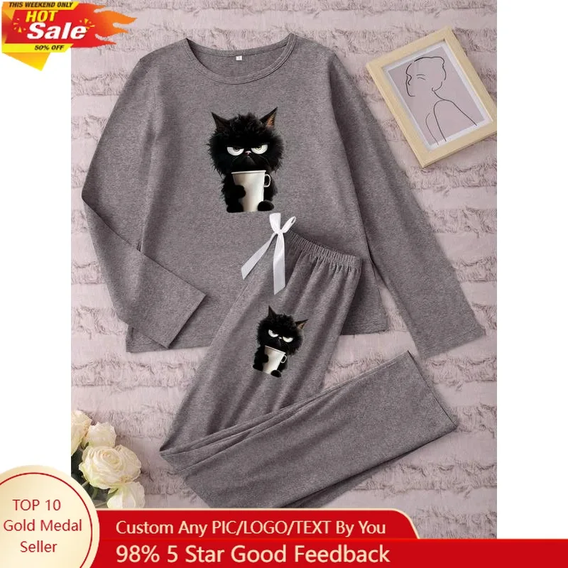 

Женский пижамный комплект с длинными рукавами, мультяшный кот с принтом, повседневная приталенная одежда для сна, весенне-осенняя ночная рубашка, животный узор