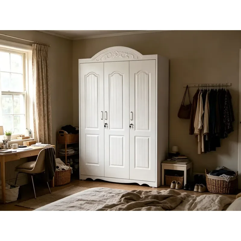 White Furniture Bedroom 3-Door Furniture Printed Size Design Simple Clothes Almirah 3-Door Steel Wardrobe